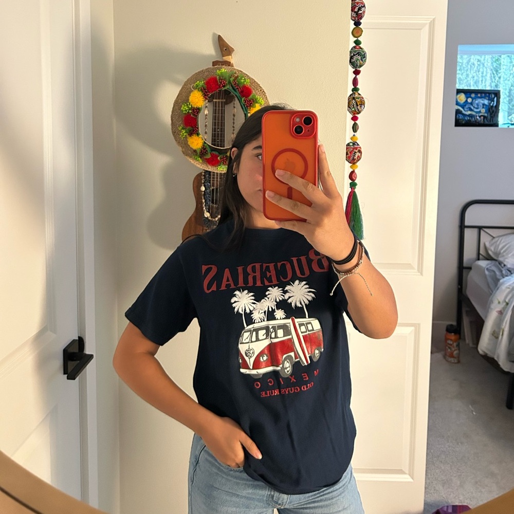 Navy Graphic T-Shirt with Red and White Design